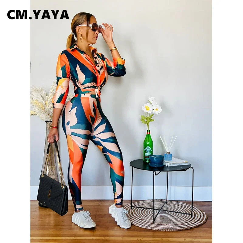 Cm.Yaya Streetwear Leaf Printed Women Legging Pants Suit And Long Sleeve Shirt Fashion Casual Two 2 Piece Set Outfits Tracksuit