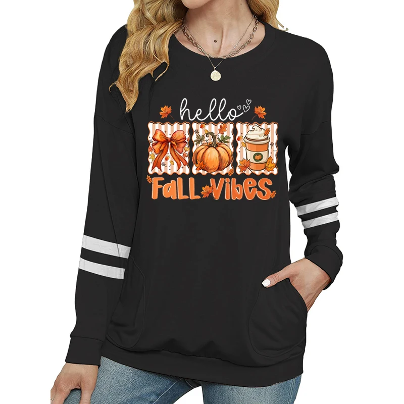 Outono temporada feminina manga longa camiseta outono vibrações gráfico camisetas macias de manga comprida outono abóbora novo design camisas femininas