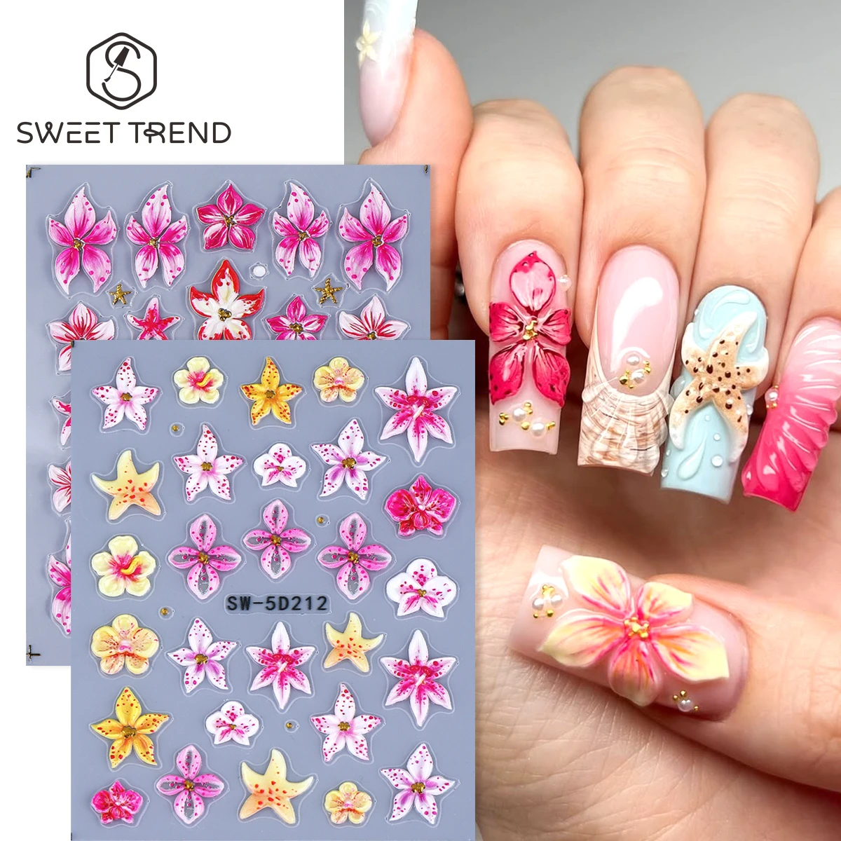 2pcs Pink Yellow Lily Flowers Nail Embossed Sticker 5D Phalaenopsis Starfish Design Textured Decal Tropical Summer Manicure Tips