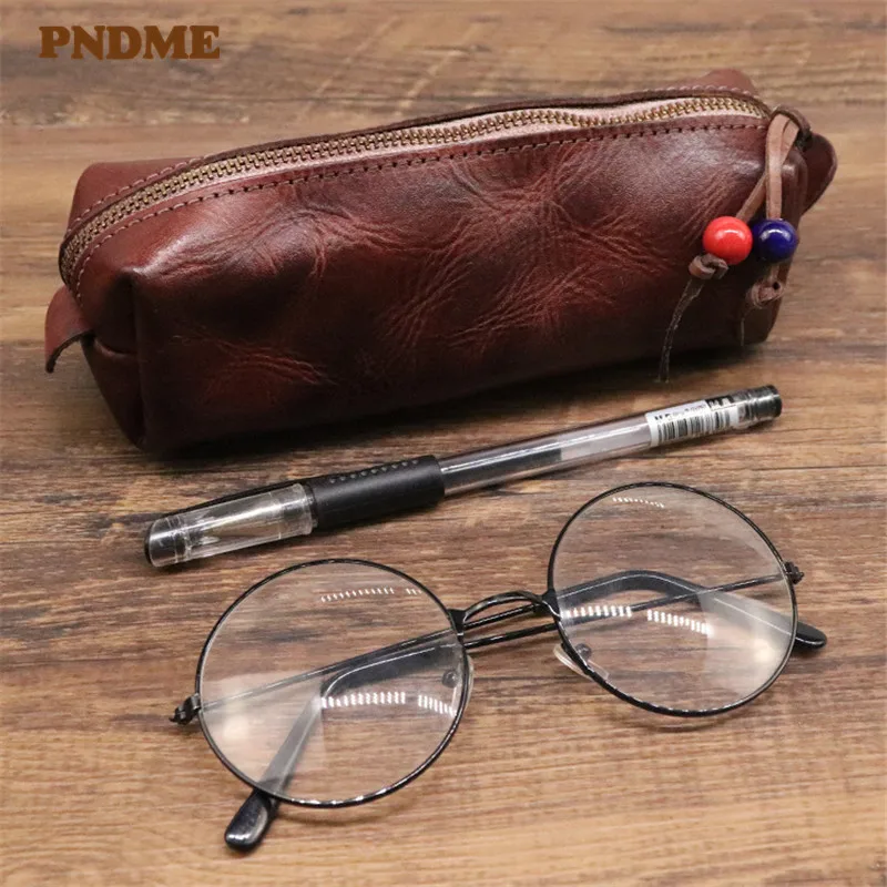 

PNDME Simple Retro Natural Genuine Leather Men Women's Glasses Bag Real Cowhide Small Storage Bag Student Coin Purse Pencil Case
