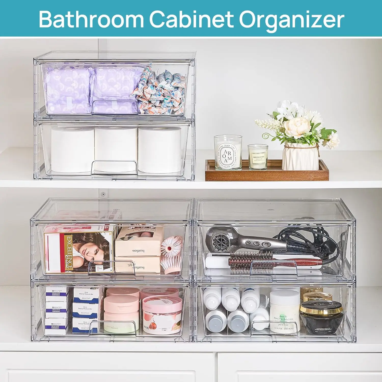 Large Clear Stackable Storage Drawers, 2-Pack Acrylic Organizers for Bathroom Closet Kitchen Pantry