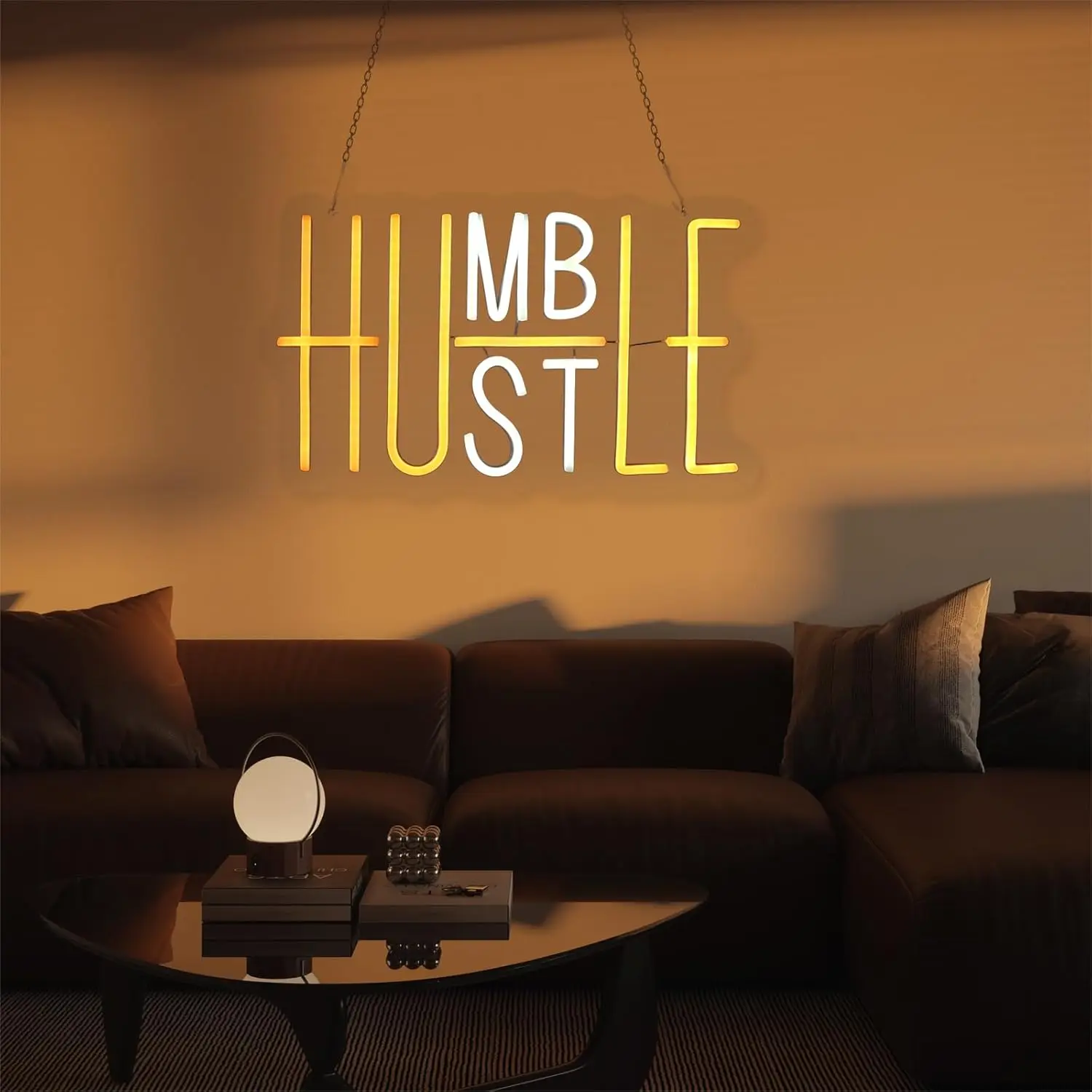 Humble Hustle Neon Sign LED Wall Art USB Powered Acrylic Yellow White Glow Motivational Home Office Living Room Studio Decor