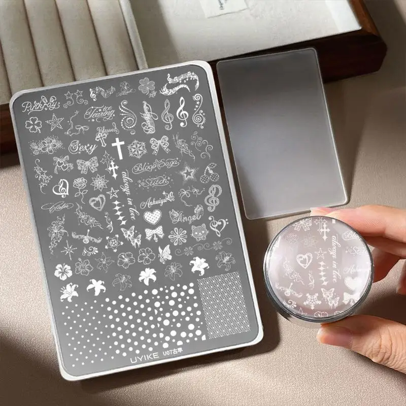 Polka Dot Bowknot Lily Flower Butterfly Star Heart Christmas Snowflakes Nail Art Transfer Printing Steel Plate Silicone Templat