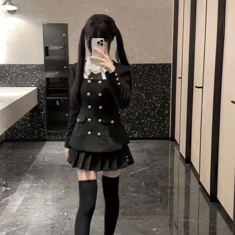 Japanese Gothic Preppy Style 3 Piece Sets Women Vintage Long Sleeves Inside Shirts Stripe Slim Coat Y2k A Line Mini Skirts Suit
