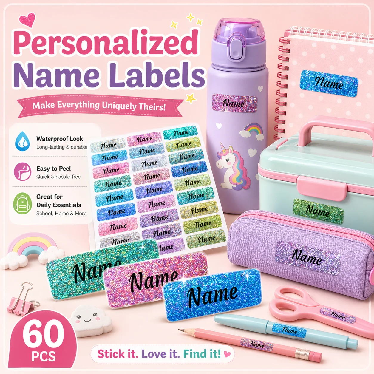 Customized color laser name stickers, waterproof and wear-resistant, suitable for water bottles/stationery/books