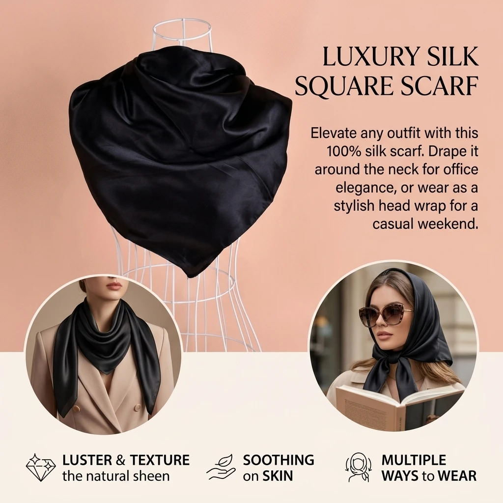 Solid Color Satin Square Scarf Breathable Silk Feeling Neckerchief for Women Office Business Casual Wear Four Seasons Hair