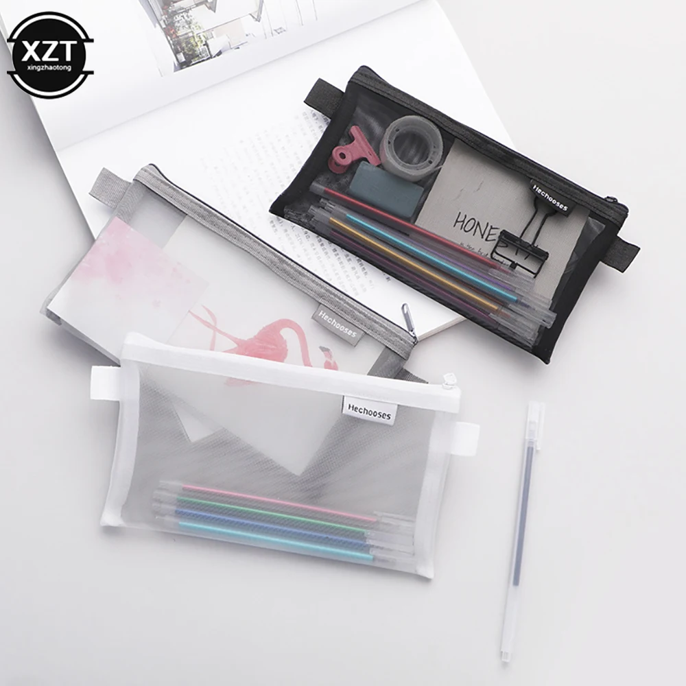 Sac à crayons portable en maille transparente, carré et narmignon, sac en poudre pour stylo, fournitures scolaires et de bureau, étui de papeterie créatif, 1 PC