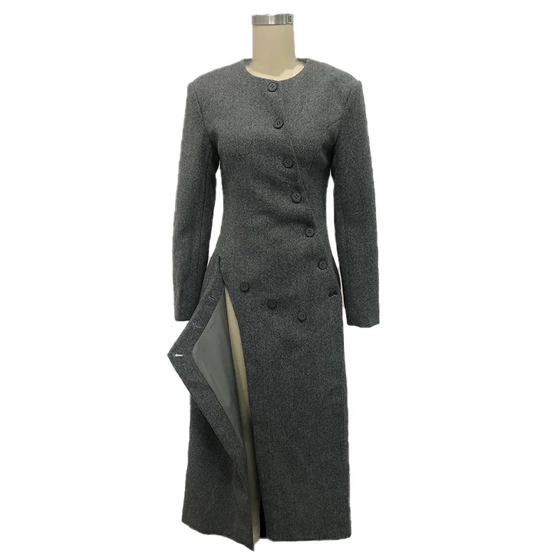 เสื้อโค้ทขนสัตว์ทรงยาวแบบไม่สมมาตร สไตล์เกาหลี สำหรับผู้หญิง แฟชั่นฤดูใบไม้ร่วงและฤดูหนาว คอทรงโอ ดีไซน์ทันสมัย