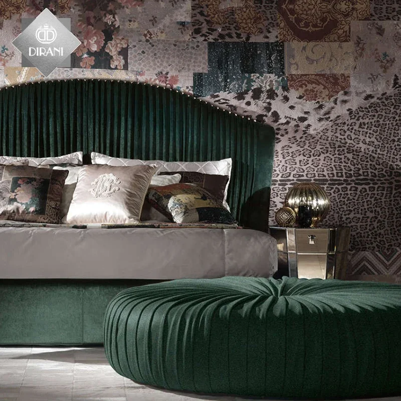 Modern Bedroom Furniture Microfiber Velvet Bed Ottoman Design Velvet Round Circle Shape Upholstered Bed End Stool