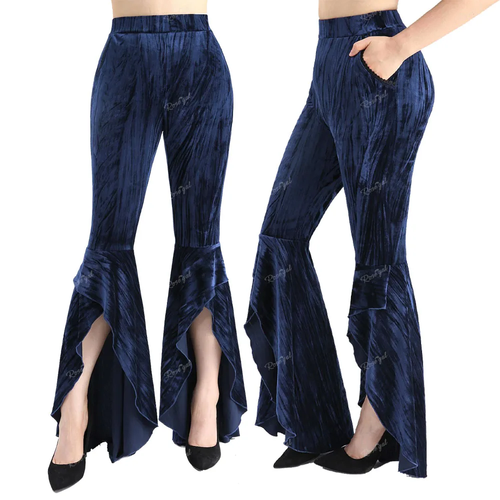 

ROSEGAL Plus Size Women's Ruffles High Low Asymmetric Flare Pants, Elastic Waist Casual Velvet Pockets Trousers Y2K Bottoms Pant