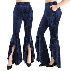 ROSEGAL Plus Size Women's Ruffles High Low Asymmetric Flare Pants, Elastic Waist Casual Velvet Pockets Trousers Y2K Bottoms Pant