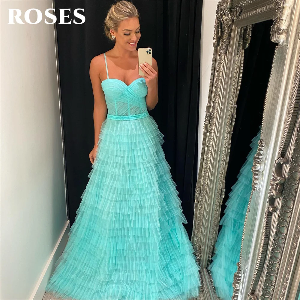 

ROSES Spaghetti Strap Evening Gown Sweetheart Neck Elegant Prom Dress Tiered Wedding Evening Dress Sleeveless robes de soirée