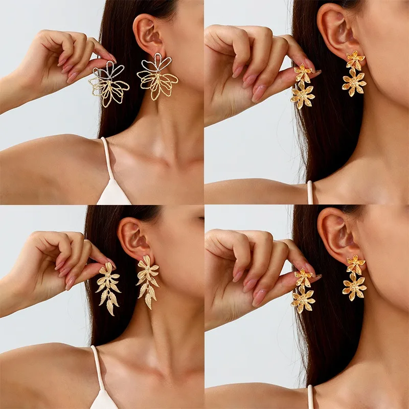 Fashionable and cool style hollow flower earrings for women, retro and exaggerated tassel design, temperament and jewelry