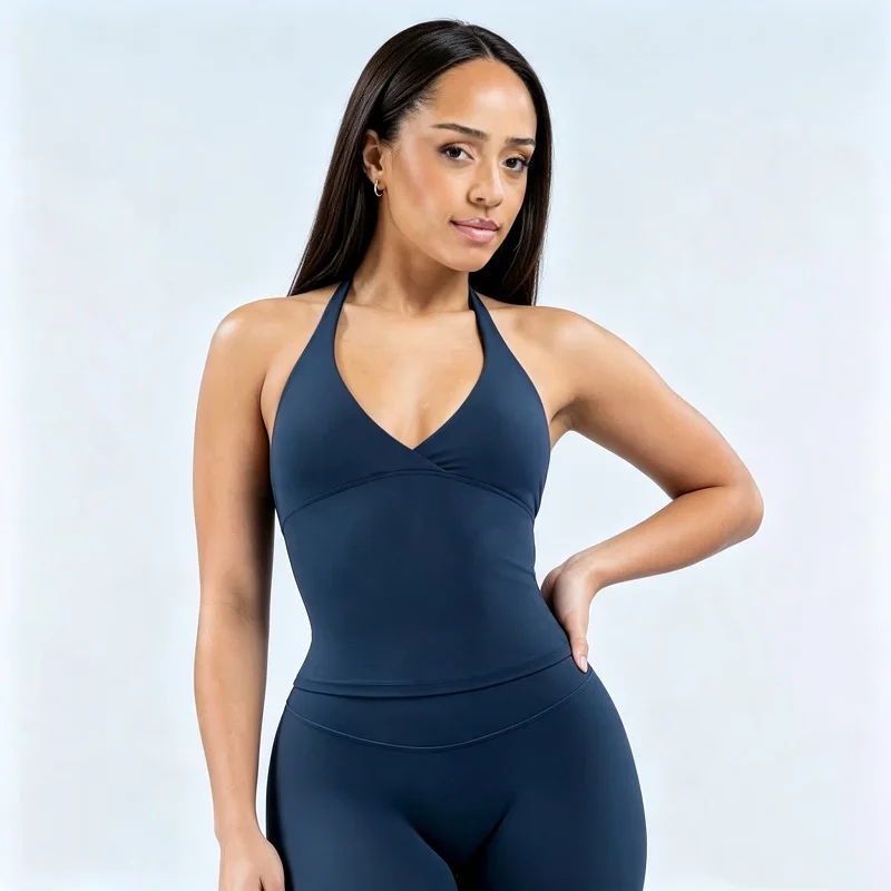 Gym Top Women V Neck Yoga Tank Top Built In Bra Padded Sleeveless Crop Breathable Halter Athletic Workout Running Sports Clothes