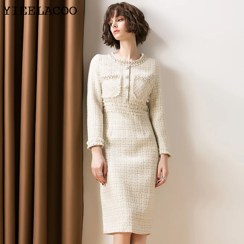 Beige  Tweed Dress 2023 spring / autumn women's dress  tassel ladies slim bottoming dress one-piece