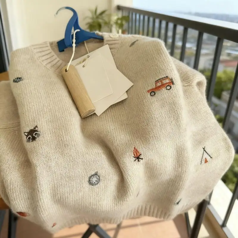 Korea Style Children's Sweater Cartoon Embroidery Knitted Sweater Autumn Winter Girls Versatile Pullover Tops Bottoming Shirt
