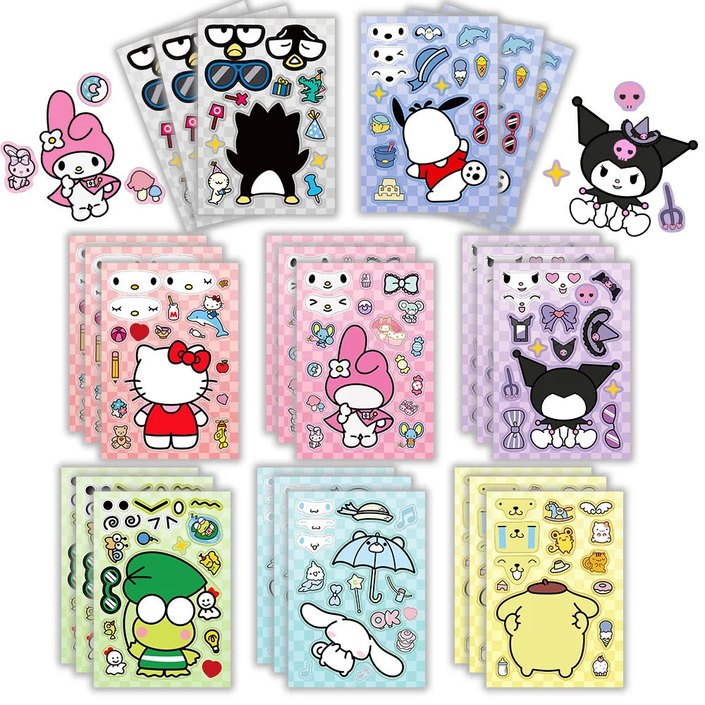 MINISO 8/16 Sheets Anime Stickers Sanrio Mix Kuromi Hello Kitty Children Puzzle Make Assemble Cartoon Game Decal Jigsaw Kid Toy