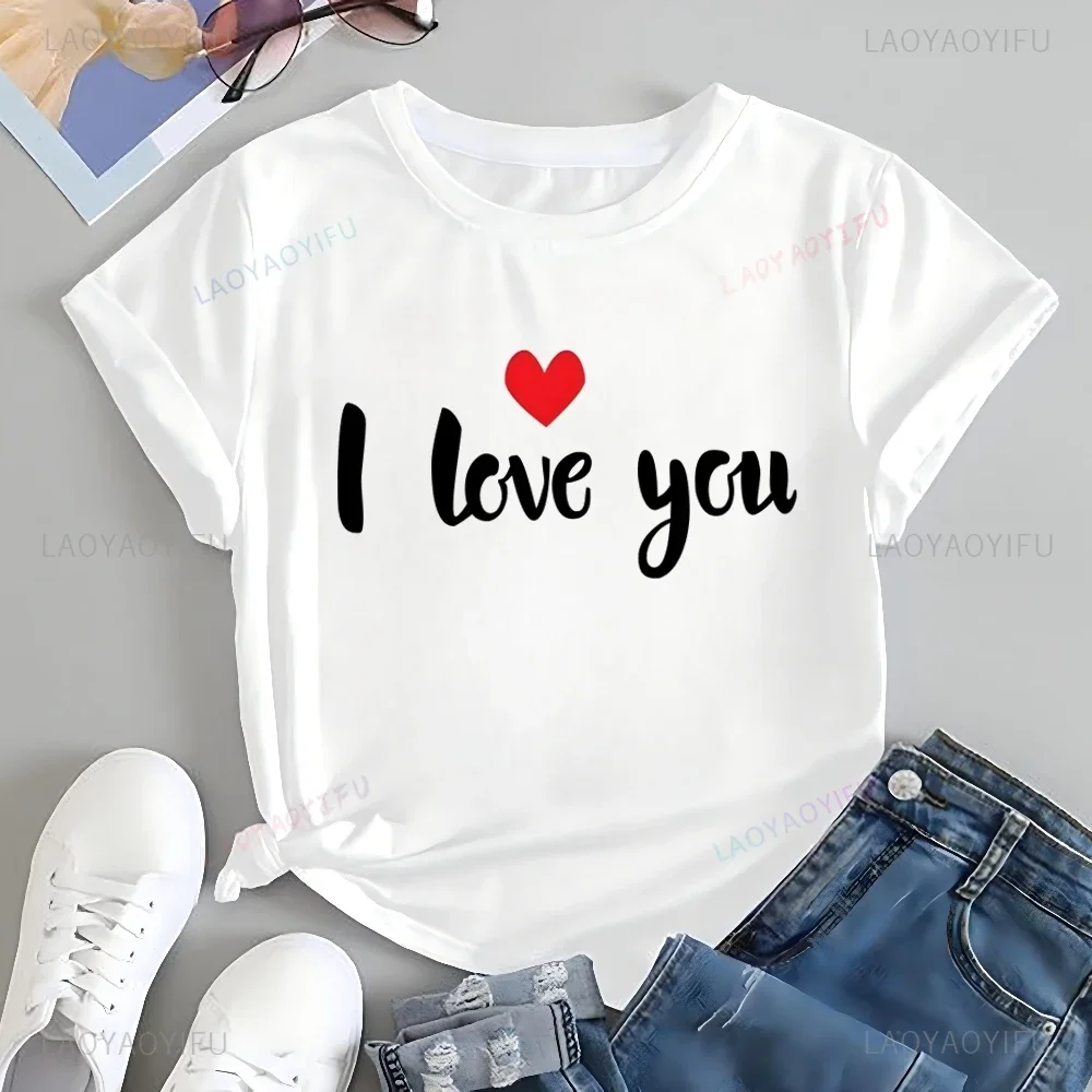 

Heart-shaped I LOVE YOU Letter Print Fashion Shirt, Top Valentine's Day Casual Streetwear, Women's Loose 0-neck T-shirt