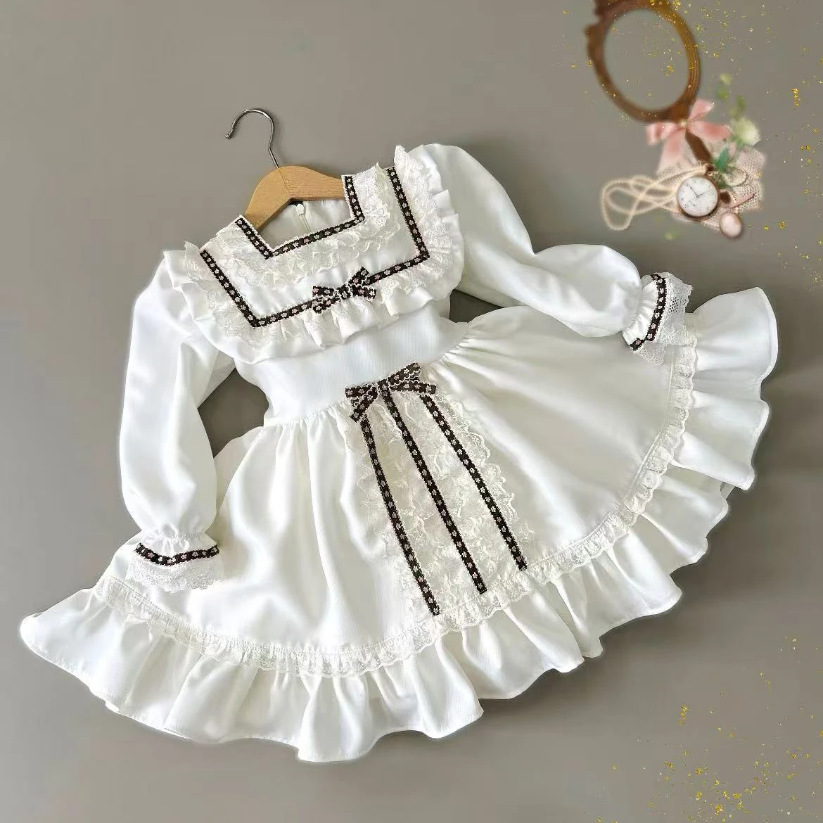 Baby Girl Summer White Vintage Turkish Princess Ball Gown Long Sleeves Dress for Eid Birthday Easter Photography