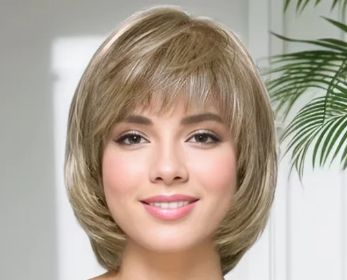 Bob Cut Natural Synthetic Hair Wigs for Women Lady Blonde Wigs with Bangs Daily Dress Party Adjustable Cap Size Heat Resistant