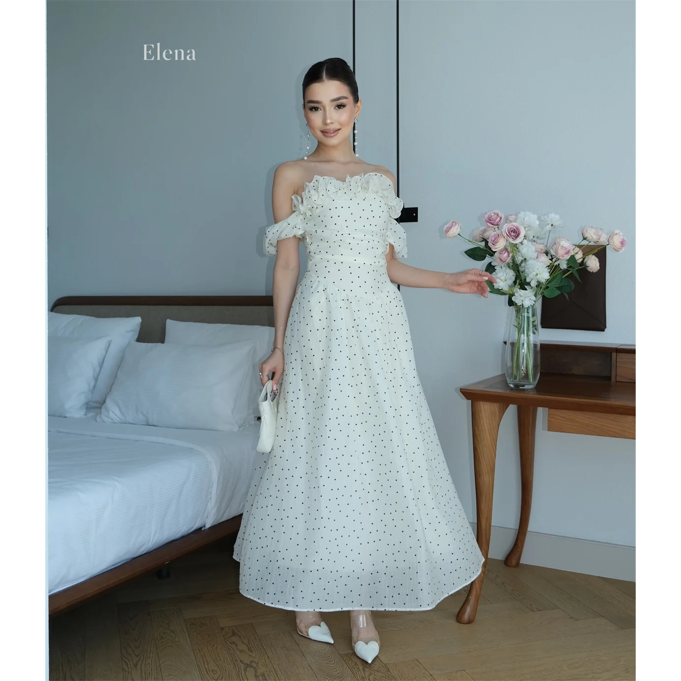 Elena White Evening Dresses A-Line Off Shoulder Short Sleeve Prom Dress Base Black Polka Dot Print Pattern Custom Fit Customized