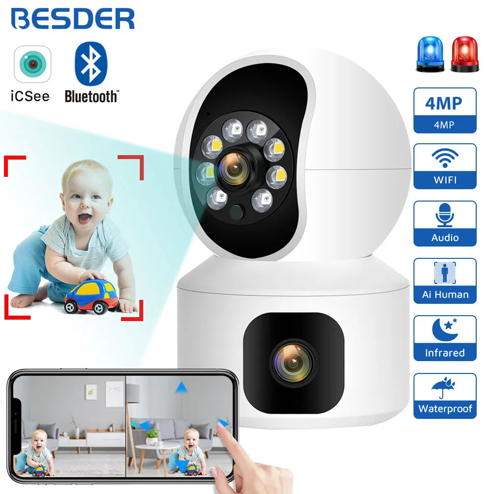 BESDER Câmera WiFi de 4MP com tela dupla Monitor Baby Monitor de Áudio com visão noturna colorida em casa Mini PTZ Segurança Câmera IP Ai Detecção Humana Câmeras de Vigilância por Vídeo com Lente Dupla CCTV ICSEE APP