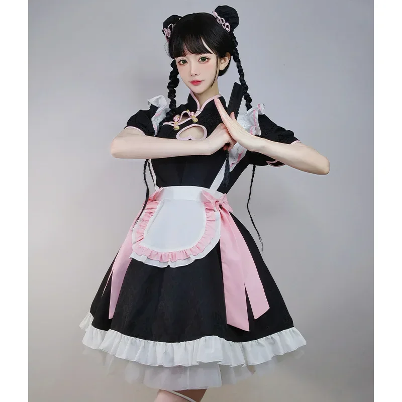 Um anime lolita chinês cheongsam vestido doce rosa kawaii empregada cosplay traje festa palco garçonete role play gato menina unifo