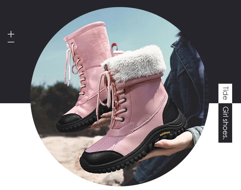 Schnee Stiefel Frauen Lace-up Wasserdicht Komfortable Damen Regen Schuhe Weibliche Warm Halten Mid-Kalb Winter Stiefel Outdoor stiefeletten Neue – Detail 2