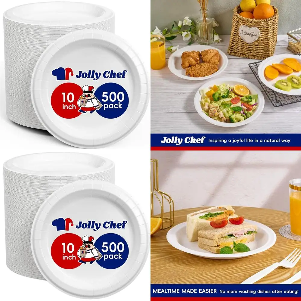 

500 Pack 10 Heavy Duty Soak & Cut Resistant Disposable Paper Plates, Microwave Safe for Thanksgiving and Daily Use