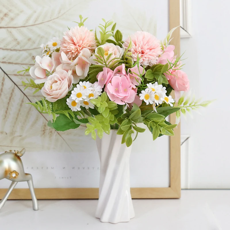New Multicolor Mixed Flower Beautiful Pink Artificial Flower Hydrangea Dandelion SilkFake BouquetHome Wedding Decoration