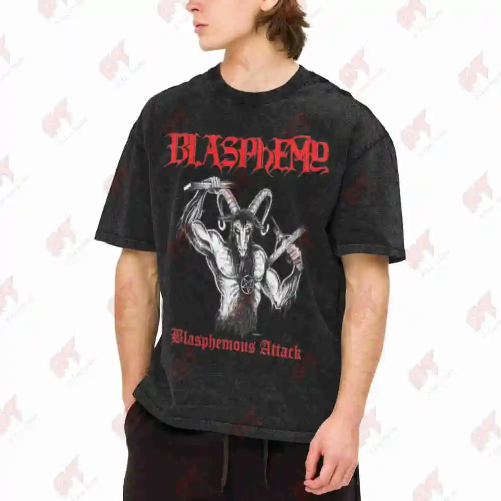 Gothic Metal Blasphemy 666 Vintage Washed Tee Pure Cotton T-Shirt