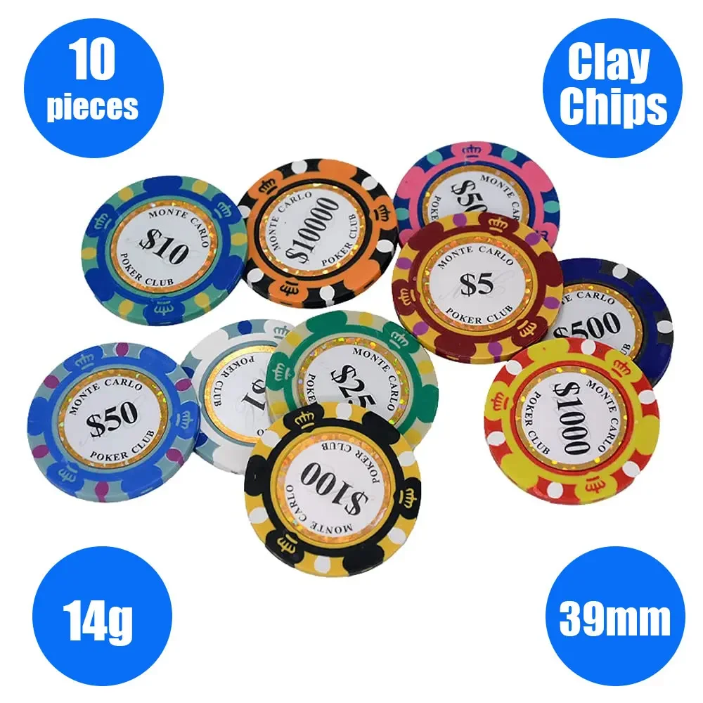 10pcs/Lot Clay Poker Chips 14 Gram Monte Carlo Professional 39mm Casino Poker Chips Texas Hold'em Poker 21 O'clock Entertainment