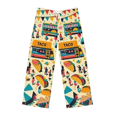 Unisex Festival Taco Truck Colorful Mexican Street Food Cartoon Printed Holiday Colorful Party Loose Wide Leg Pants