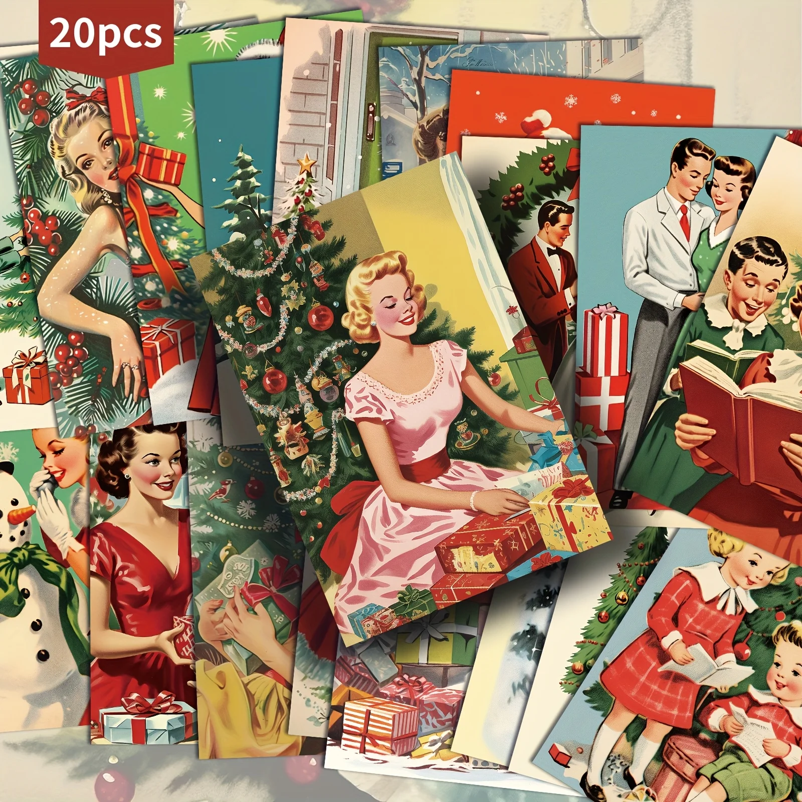 20pcs retro 1950s Christmas themed postcard set for vintage collection cards, suitable for scrapbooks and handmade crafts
