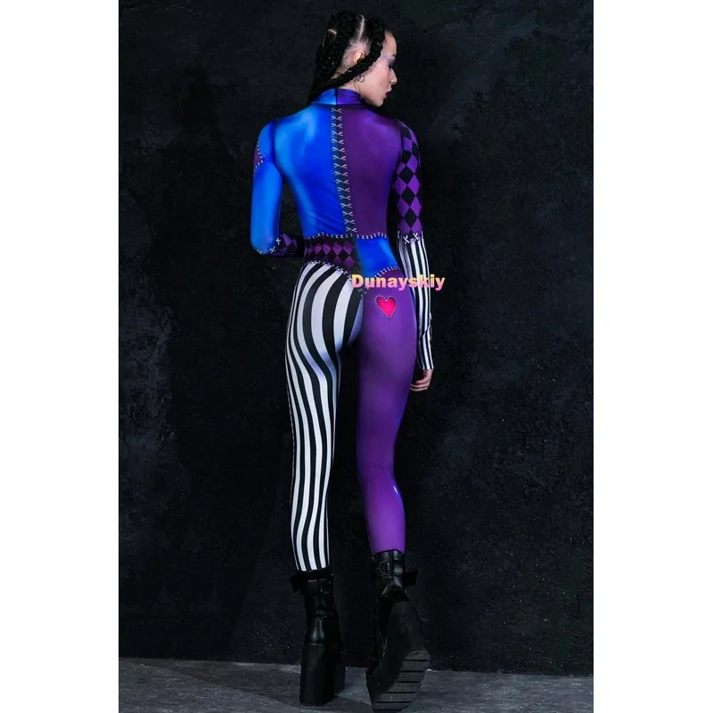 Traje Cosplay Palhaço para Mulheres, Bodysuit Zentai, Catsuit, Macacão, Dia das Bruxas, Sexy, 3D Impresso, Feriado, Carnaval, Roupa Feminina