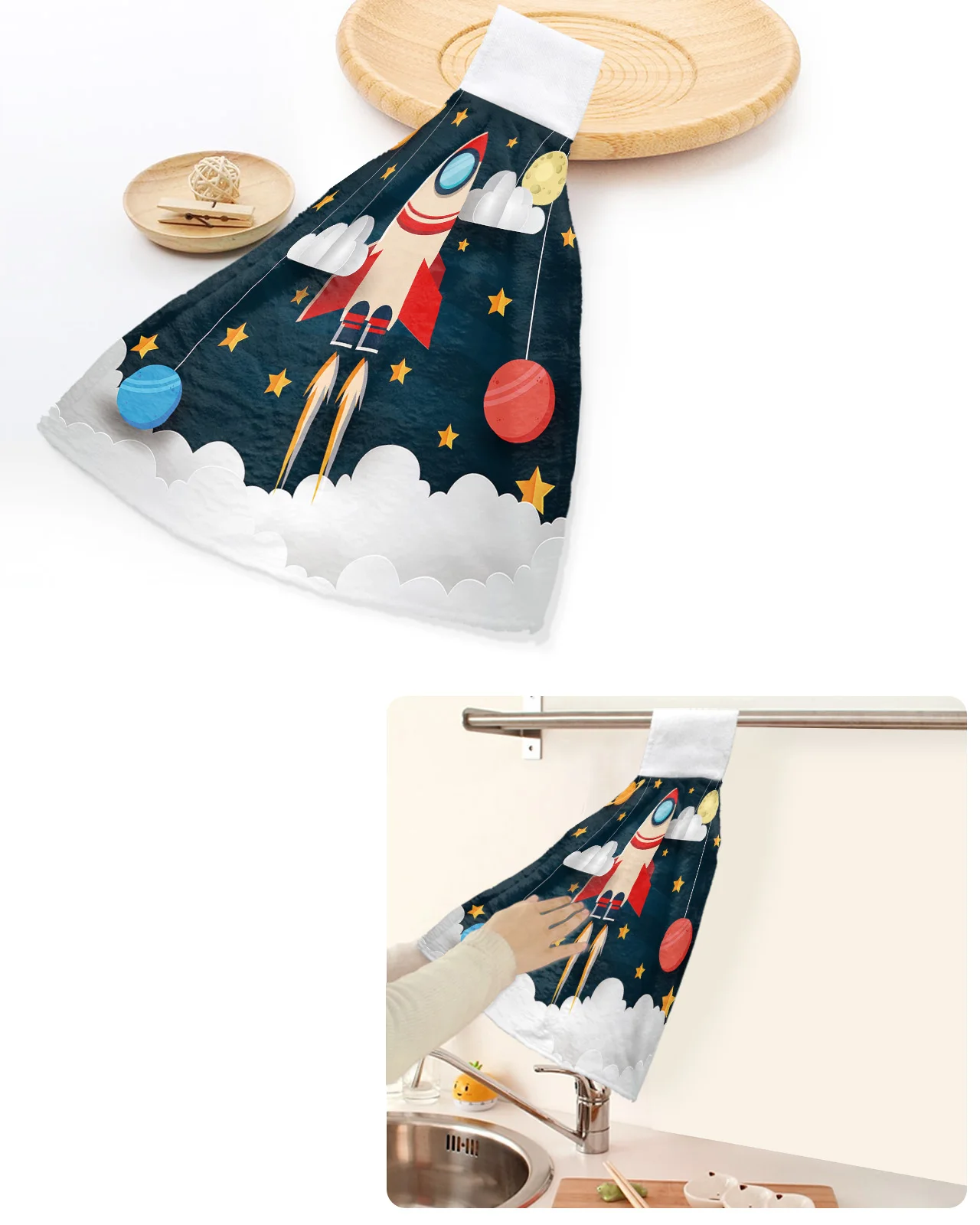 Outer Space Cartoon Cute Spaceship Rocket Hand Towels Home Kitchen Bathroom Hanging Dishcloths Loops Absorbent Custom Wipe Towel