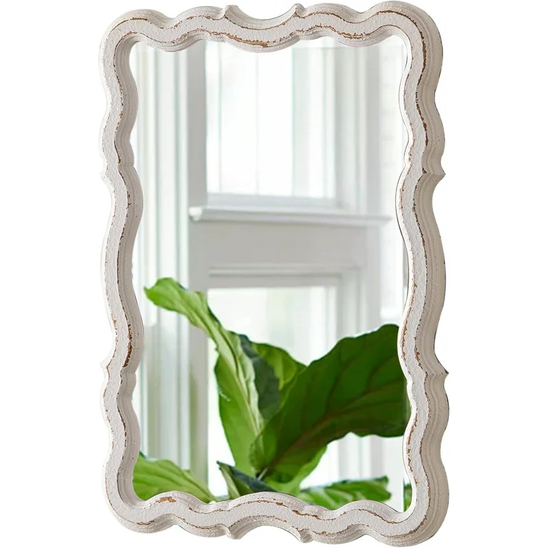 

Farmhouse Wavy Wall Mirror 13 X 18 Inches, Hanging Distressed White Rectangle Bathroom Mirror, Wood Frame Scalloped Mirror, Rust