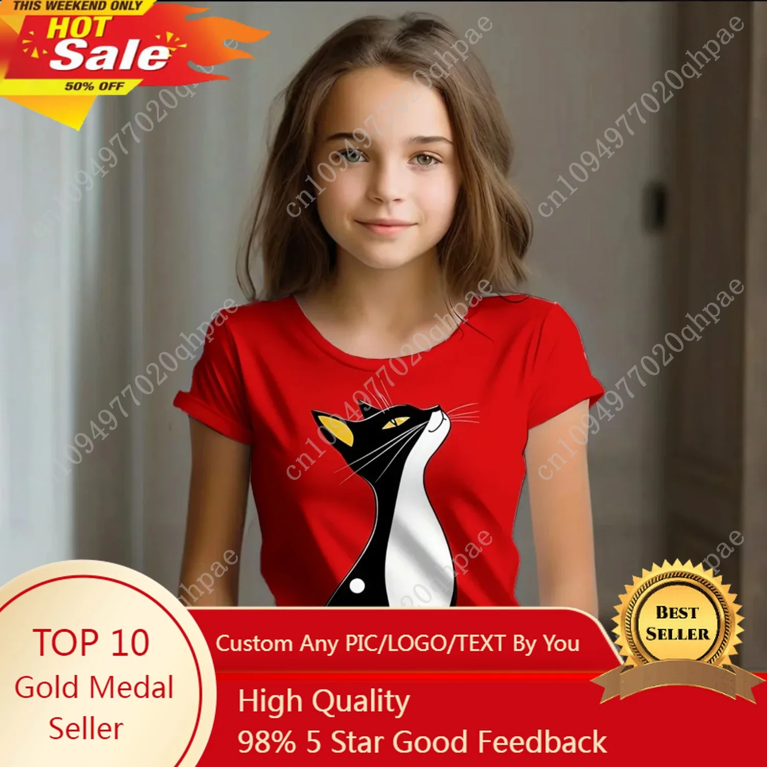 

Girl Clothes Summer Cartoon Cat Graphic Children's Clothing Kids Art Doodling Short Sleeve T Shirt Causal O-Neck Children Top
