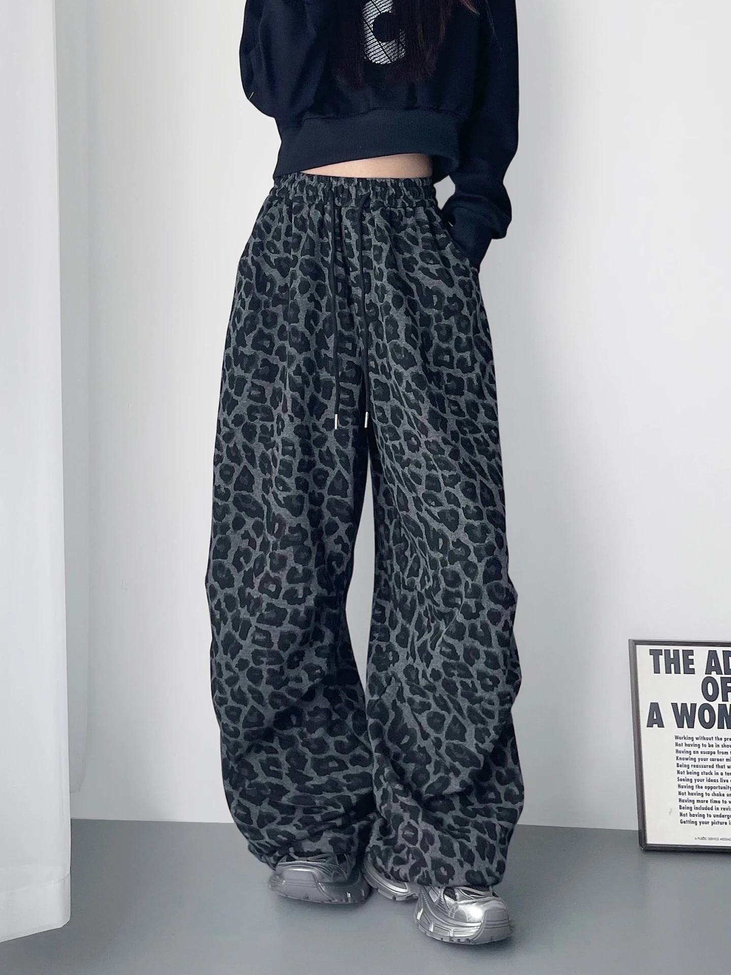 plus Size Slimming Leopard Print Wide Leg Pants Women's Sporty Autumn High Waist Polyester Fiber Casual Straight Cut Trousers
