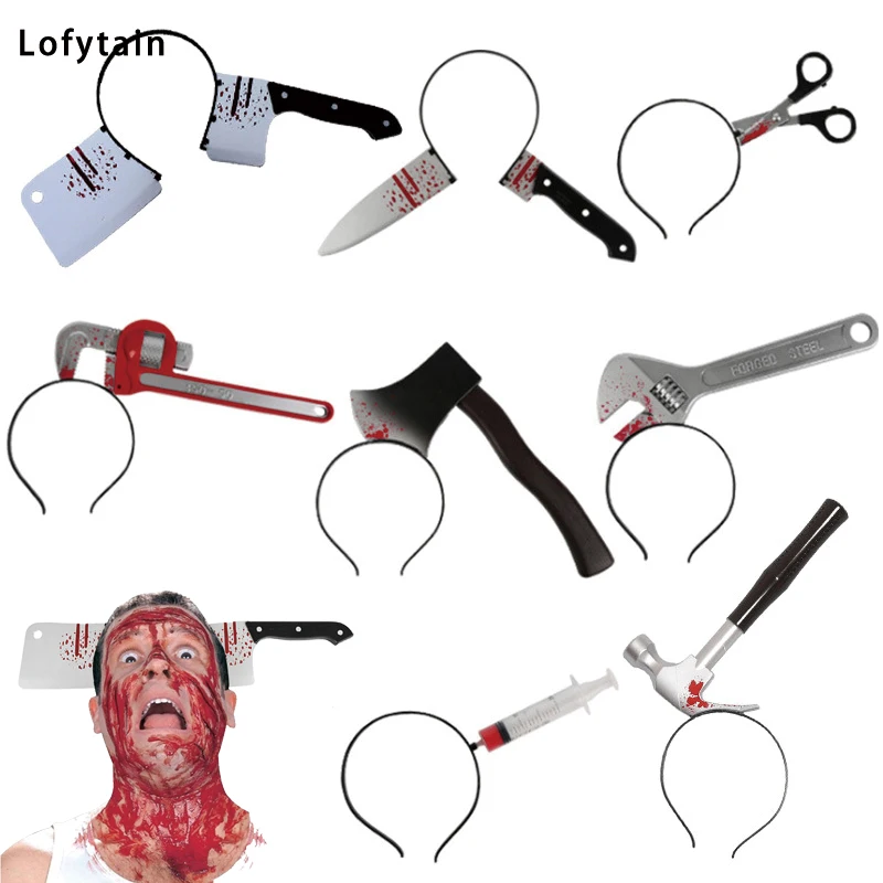 Lofytain Halloween Horror Props Blood Fake Ax Saws Knife Headband for Halloween Party Masquerade Mischief Props Decoration