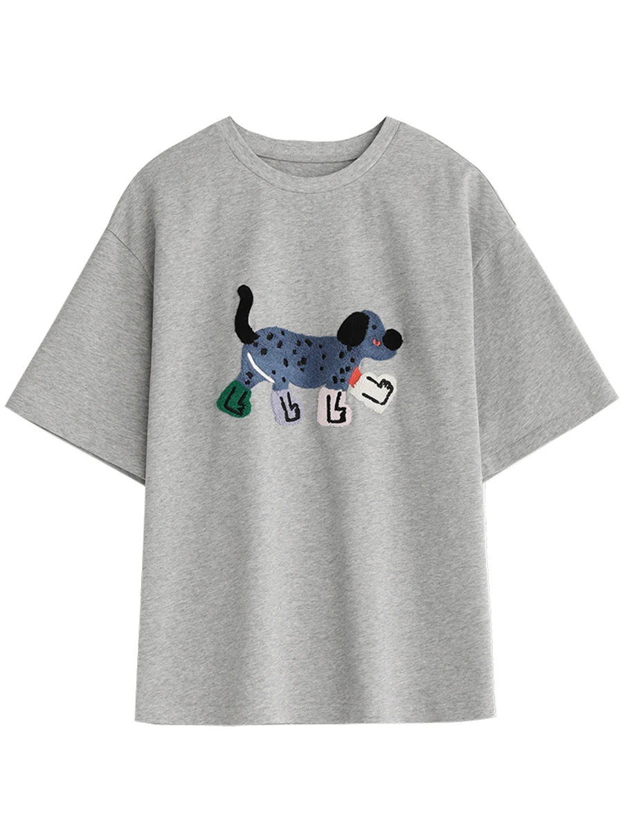 Schicke ven Frauen T-Shirts lose Streetwear Unisex Spaß Hund bestickt Kurzarm Baumwolle Mädchen T-Shirts weiblich Top Sommer