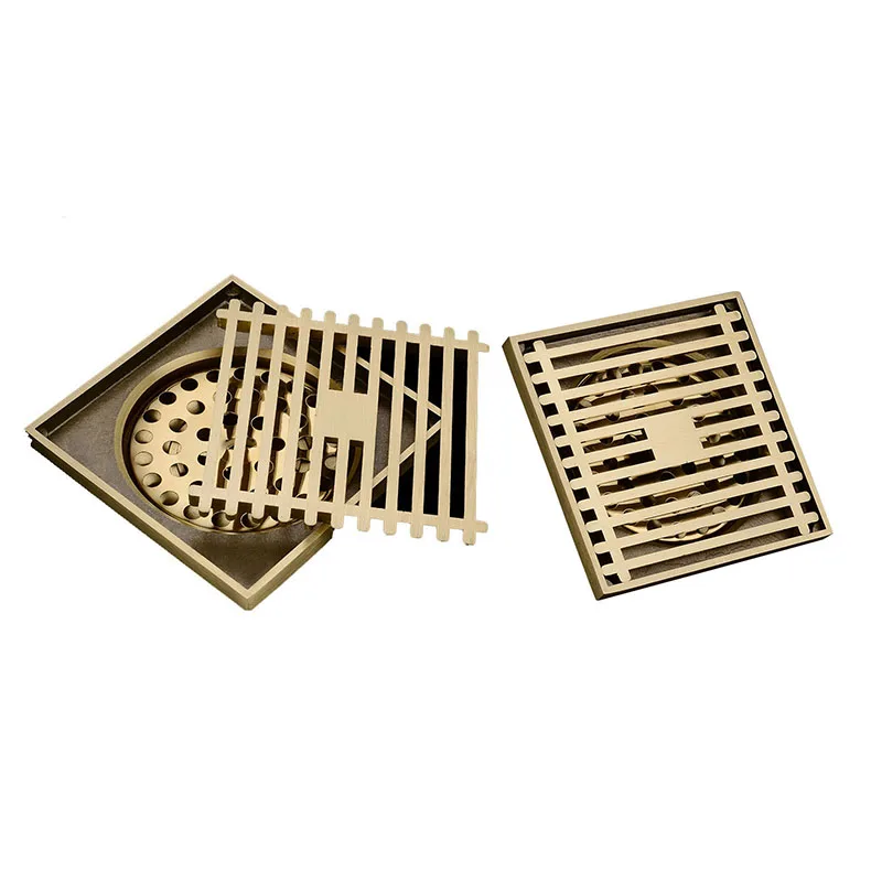 Brass Golden Floor Drain 10X10cm Shower Square Deodorization Type Bathroom/Kitchen Washing Machine Dual Use Floor Drain