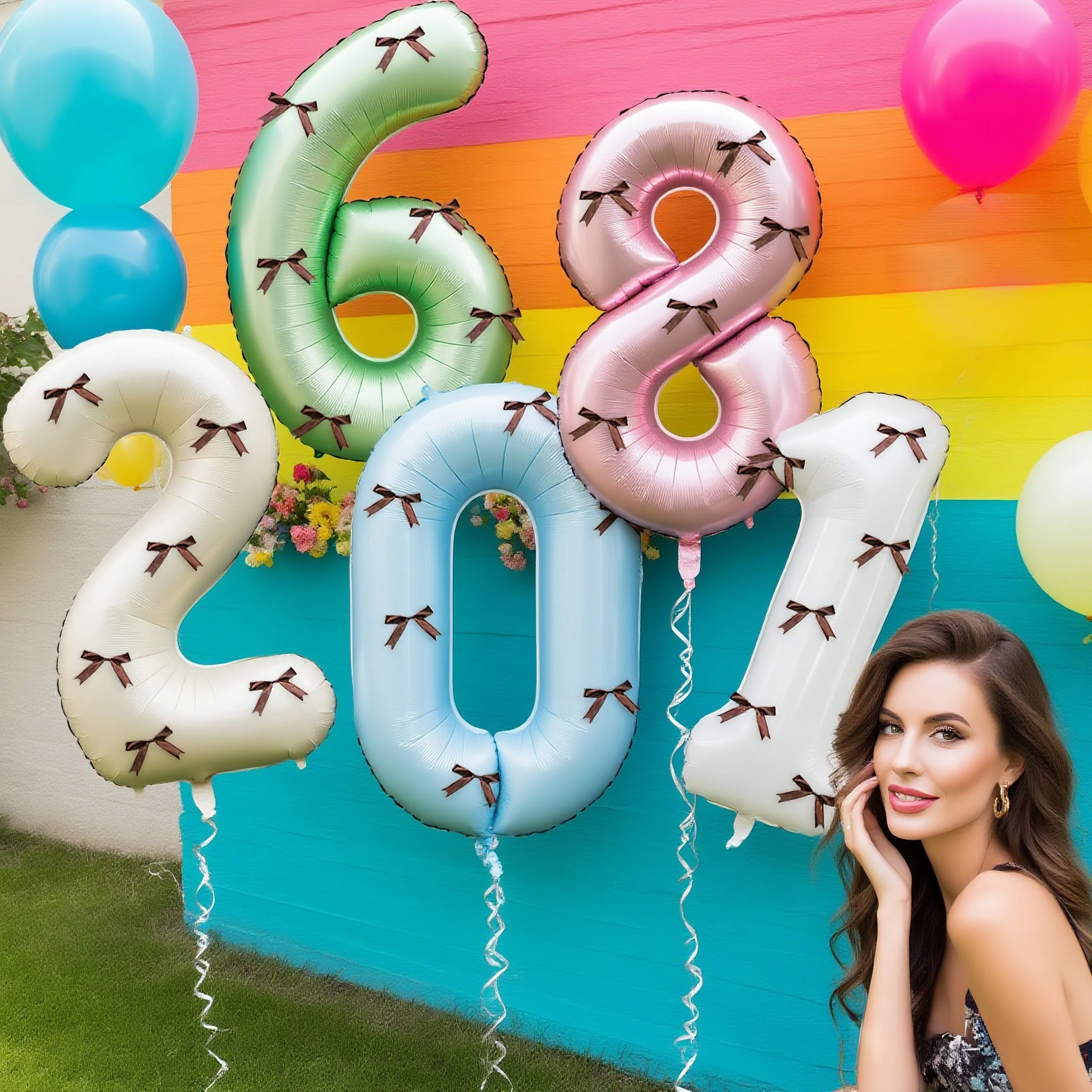 

32in Foil Number Balloons 0-9 Set with Bows, Wedding Decorations, Birthday Party Supplies, Bachelorette Party Decor Home Decor​