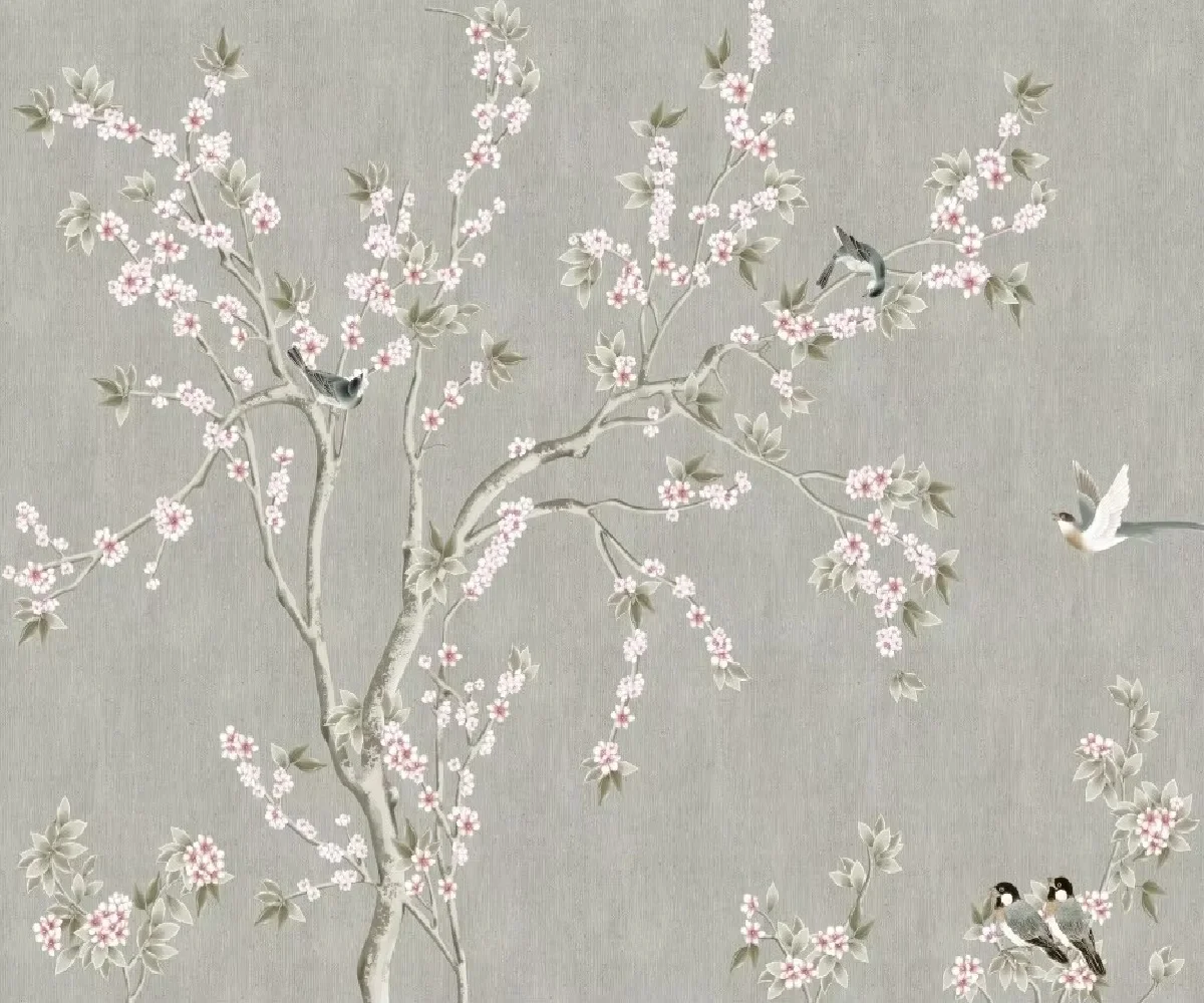 customized New Chinese style meticulous hand-painted flowers birds trees flowers customized 3D mural wallpaper canvas self-adhes