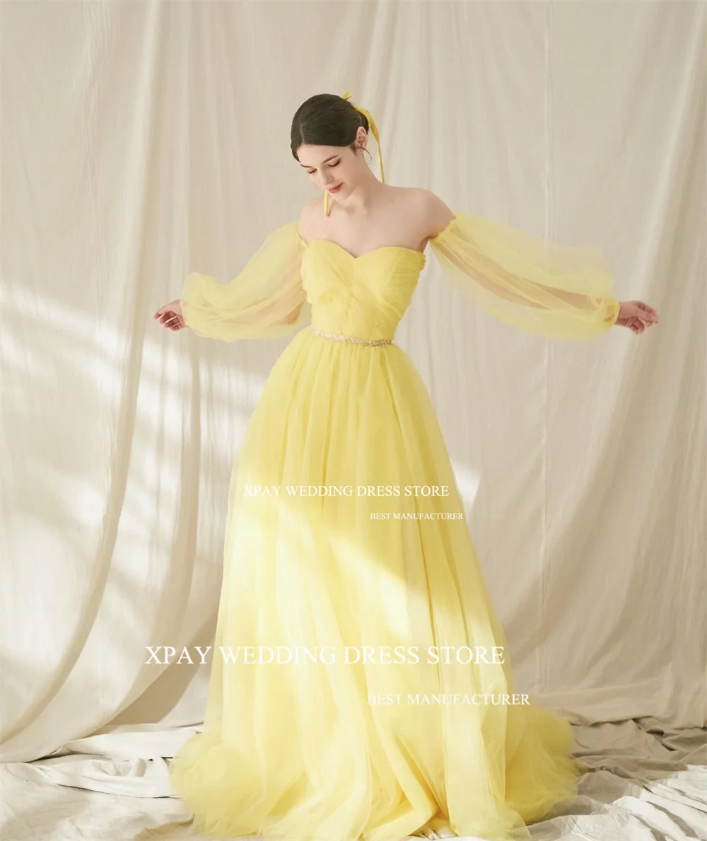 XPAY Sweetheart Yellow 3 Style Korea Evening Dresses Fairy Tulle Long Puff Sleeves Wedding Photo Shoot Open Back Bride Gown