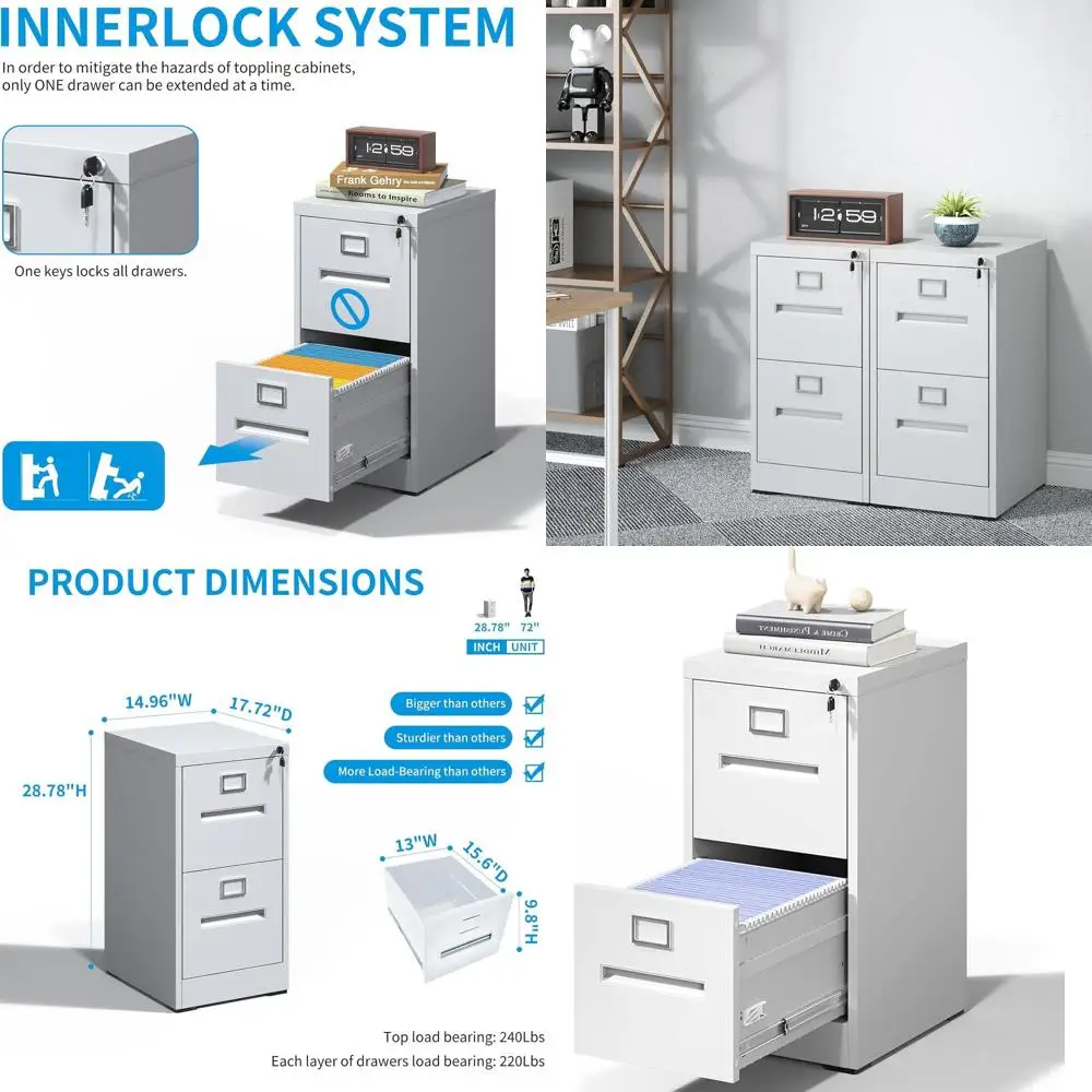 

White Steel Vertical File Cabinet with Lock, Card Slot, and Assembly for Home Office, Holds Legal/Letter Files