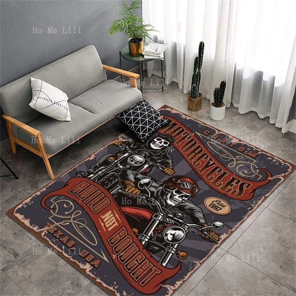 Vintage Metal Plaque U.S. Highway 66 Sign Flag Skull Motorbike Graphic Vector Design Non Slip Flannel Floor Rugs