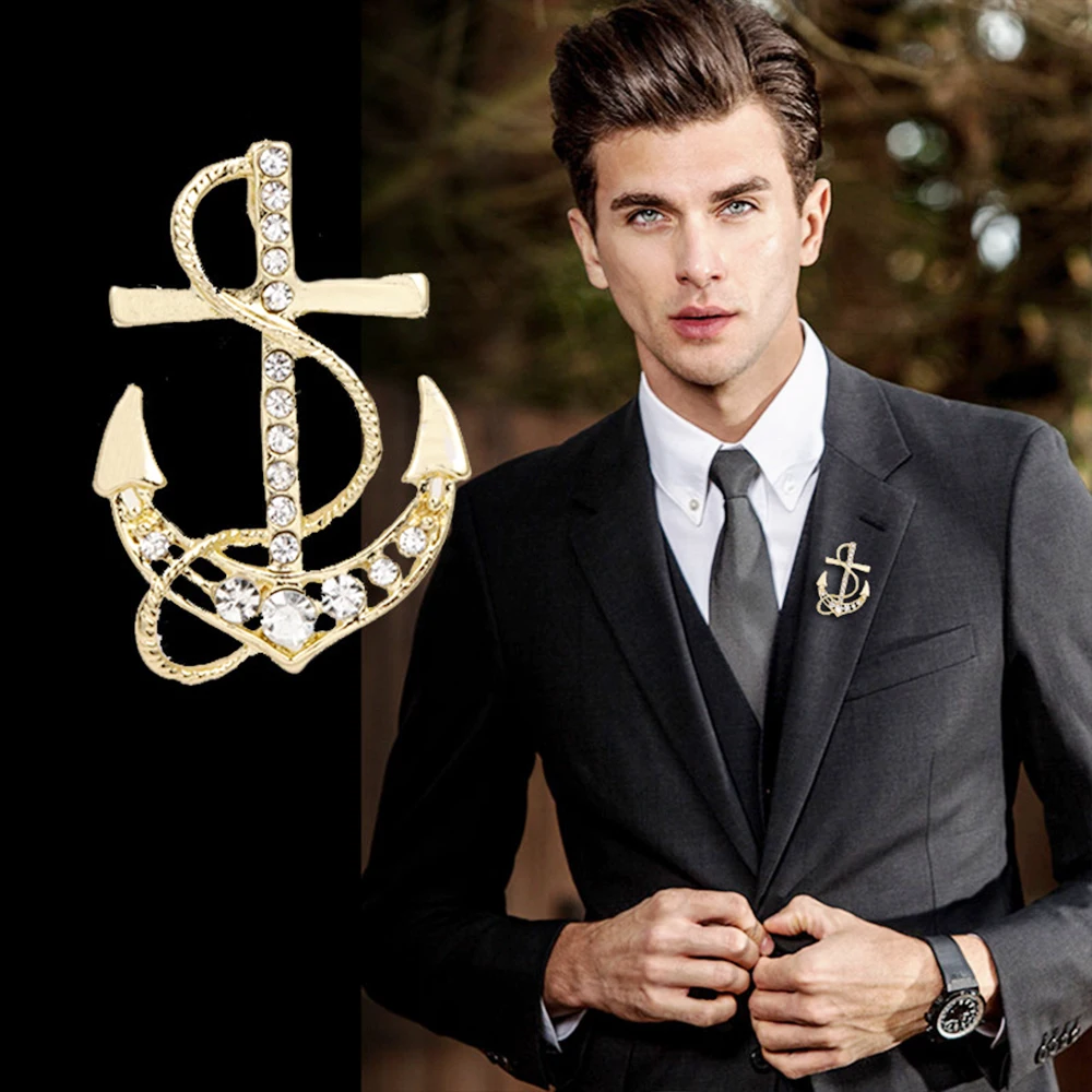 Naval Rudder Anchor Brooches Pins Rhinestone Men\'s Suit Shirt Collar Lapel Pin Metal Brooch Women Men Badge Jewelry Accessories