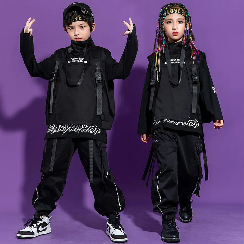 Teen Boy Hip Hop Clothes High Collar Vest Cargo Pants Sweatshirt Outfits Child Street Dancing Costume Kids Waistcoat Streetwear