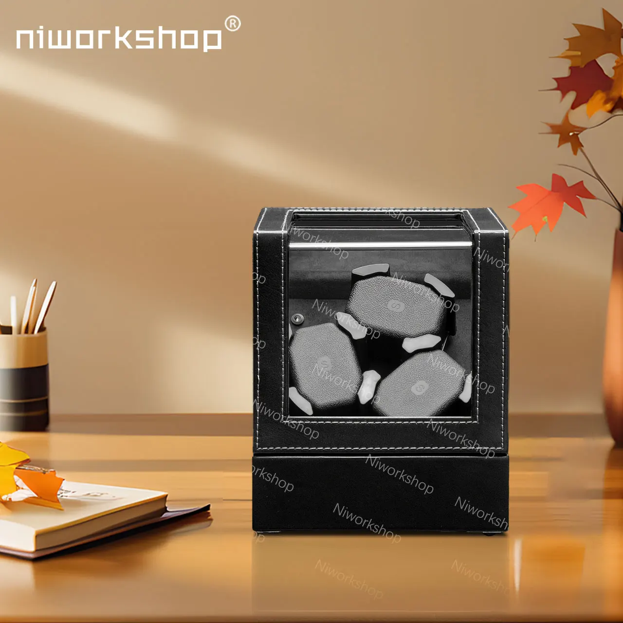 1pc Niworkshop Watch Winder,PU Leather 3 Slots Watch Storage Case Fit Men And Women Automatic Watches,Quiet Motor,USB Powered